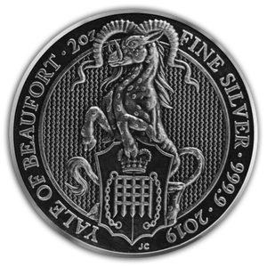 Yale Queen Beasts finitura antica 2 oz moneta d'argento £5 Regno Unito 2019 - Foto 1 di 3