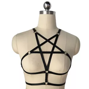 Elastic Pentagram Body Harness Chain Belt Bra Cupless Bandage Lingerie Gothic - Picture 1 of 4