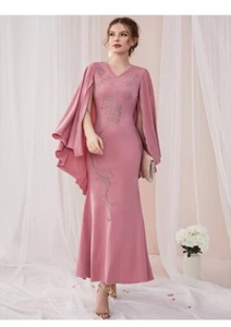 Abaya Dubai Women Bodycon Evening Dresses Cape Sleeve Muslim Wedding Gown Kaftan - Bild 1 von 31