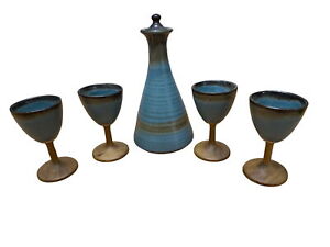 Wine Stoneware Wood Stem Four Goblets and Pitcher