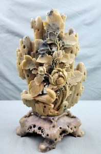 Vintage Soapstone Bird and Flower Hand Carved Sculpture on Footed Stand Signed