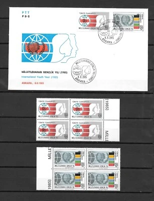 Turkey 1985 International Youth Year FDC and Block of 4 MNH ** - Image 1 of 2