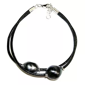 PULSERA de PLATA 925 y PERLAS Cultivadas Grises Cuero Negro Envío certificado - Imagen 1 de 3