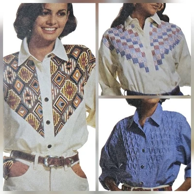 1980s Blouse Smocked Patchwork Cowgirl Contrast McCalls 6961 Sewing Pattern - Image 1 of 3