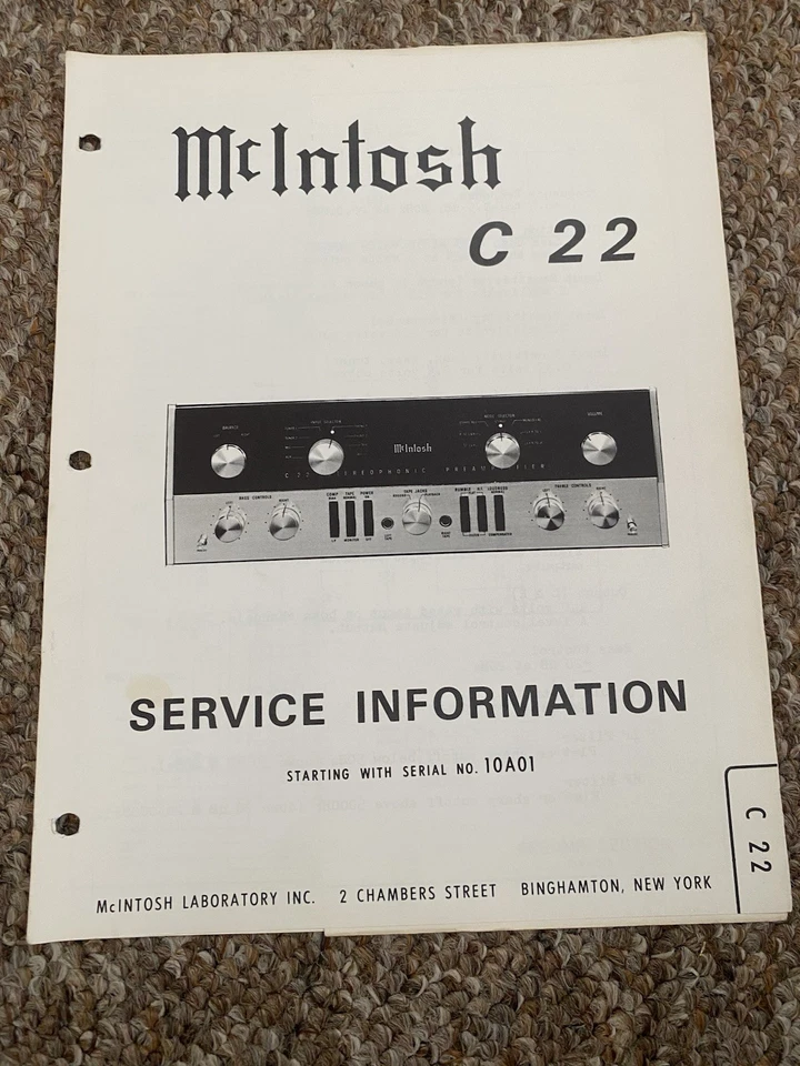 Vintage Mcintosh C22 Preamplifier Preamp Service Manual Information Original - Image 1 of 1