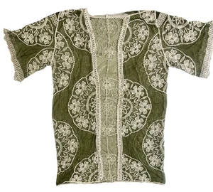 Boho Open Front Duster Green Embroidered Lace Mesh Cover Up Kimono One Size - Picture 1 of 5