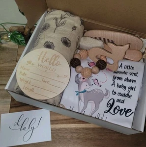 🦌 Woodland Deer Baby Girl Shower Hamper Gift Arrival Muslin Wrap Crochet Teethe - Picture 1 of 12