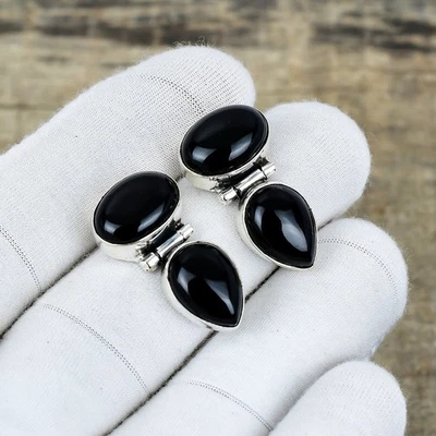 Naturale Onice Nera Gemma Orecchini 925 Argento Sterling Mano Gioielli Regalo - Immagine 1 di 4