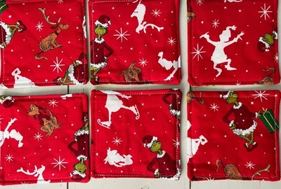 Posavasos navideños 6 Grinch. Hecho a mano reversible. Rojo. Algodón. Cuadrado de 4 1/2” Foto 1 de 4