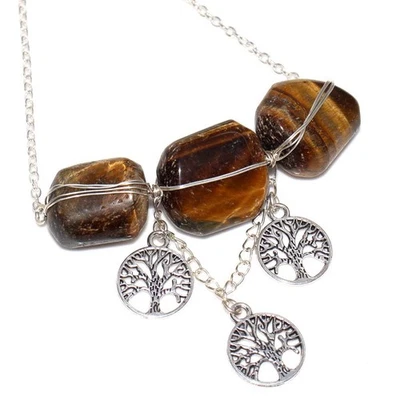 Tree Of Life Tiger Eye 925 Silver Plated Beaded Gemstone Necklace 20" GW - Image 1 of 3