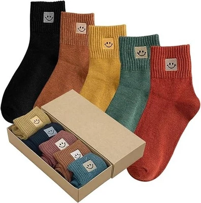 5 Pairs Cute Socks with Smiling Face Embroidery with Gifts Box Socks for Wome... - Image 1 of 4