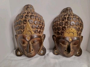 Handmade Serenity Natural Shine Buddha Wooden Mask Wall Art Indonesia Set Of 2 - Picture 1 of 17