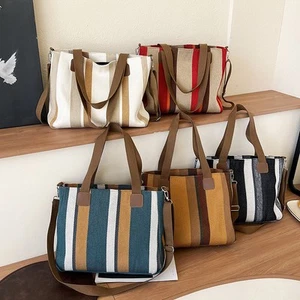 Large Capacity Striped Tote Bag Shopping Bag Shoulder Bag Women's Bag - Picture 1 of 14