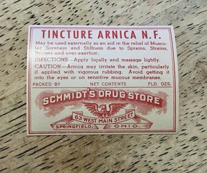 Vintage Apotheke Mix Etikett Schmidt Drugs Inc. Ohio Tinktur Arnika N.F. NEUWERTIG - Bild 1 von 1