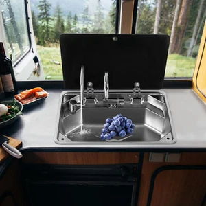 RV Sink Kitchen Sink with Hot&Cold Faucet and Tempered Glass Lid Stainless Steel - Picture 1 of 24