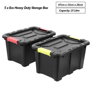 5 x 25L Heavy Duty Storage Box Black Crate Container Plastic Bins Organiser Tub - Picture 1 of 6