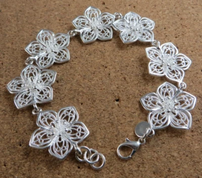 Vintage Flower Filigree Chain Link Sterling Silver 8- 8.5" Tennis Bracelet  #425 - Image 1 of 4