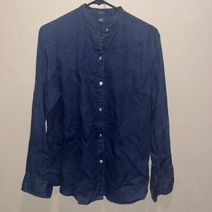 Chaps Women's Navy Linen Button Up L Collarless Classic Minimalist Norm Core - Picture 1 of 8