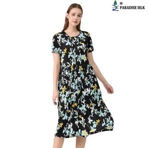 New Lightweight Silk Short Sleeve Print Dress for Women, Loose Round Necklin... - Picture 1 of 12