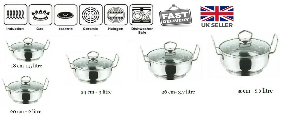 Vinod Induction Base Stainless Steel Kadai Wok With Glass Lid Fry pan all Hobs - Image 1 of 1