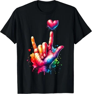 Valentines Day Colorful ASL I Love You Heart Women Kids Men unisex T-Shirt - Picture 1 of 2