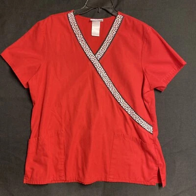 SB SCRUBS Red White Black Animal Uniform Scrub Top Size M Pockets - Image 1 of 4