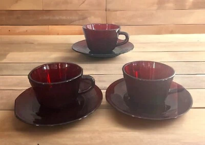 Vtg Royal RUBY RED set of 3 CUPS & SAUCERS Christmas Morning Valentines Day MCM - Image 1 of 4