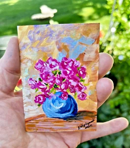 Original Aceo Painting - Pink Azaleas 2.5x3.5 Acrylic On Mixed Media Paper - Picture 1 of 3