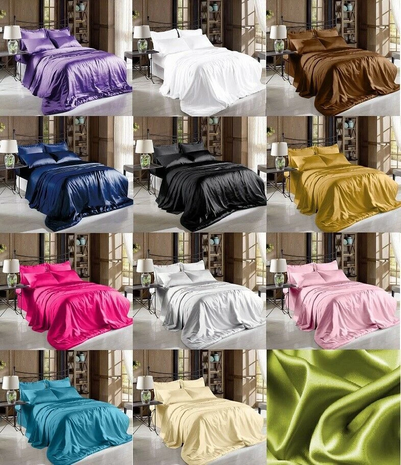 Soft Satin Pillowcase+Fitted+Flat Bed Sheet Set  Solid Color Deep Pockets New - Image 1 of 1