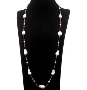White Baroque-Pearl & Tourmaline Long-Necklace 36" Silver 925 Sterling - Picture 1 of 5