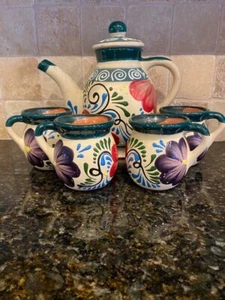 Handpainted Red Clay Coffee Pot and Mugs, Red, Purple, Green, Blue Floral Design - Picture 1 of 11