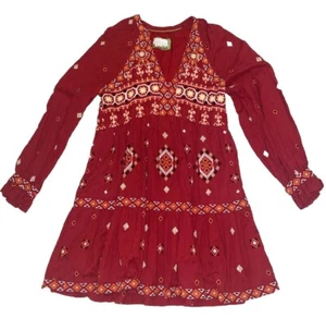 Abito tunica ricamato Anthropologie babydoll floreale manica lunga rosso taglia M folk - Foto 1 di 15