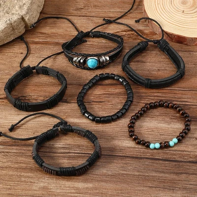 🔥 6er Set Armband Herren Damen Unisex Lederarmband Perlenarmband Boho Vintage - Bild 1 von 4