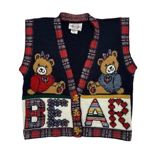 HEARTWORKS Teddy Bear Vintage 90s Knit Vest Size Medium 10/12 Girls Made in USA - Picture 1 of 6