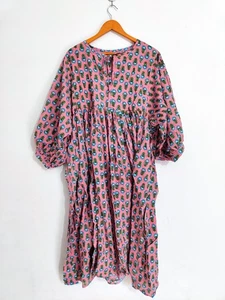 Pink Floral Block Print Kyra Midi Dress Bohemian Cotton Summer Dress For Her - Picture 1 of 8