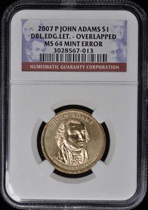 2007 P JOHN ADAMS DBL EDG LET OVERLAPPED INVERTED PAIR $1 NGC MS64 Mint Error - Picture 1 of 4