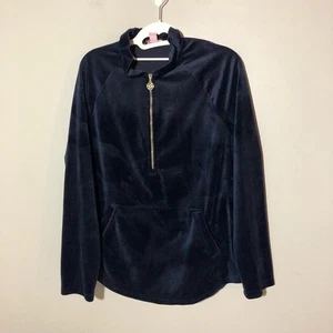 Lilly Pulitzer womens M blue velour 1/4 zip long sleeve pullover kangaroo pocket - Picture 1 of 11