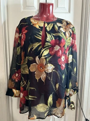 Ellen Tracy 花卉 100% 真丝透明上衣 14-3/4 袖二手状况完好 — 第 1/4 张图片