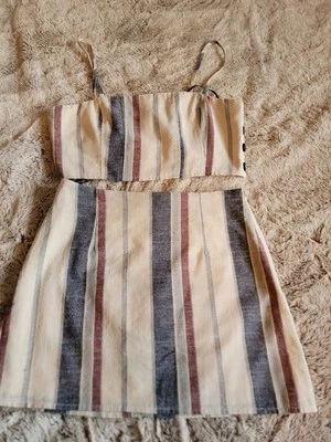 Forever 21 Short Skirt (Sm) and Top(M)Linen Look Striped Beige/Navy/Burgundy - Image 1 of 4
