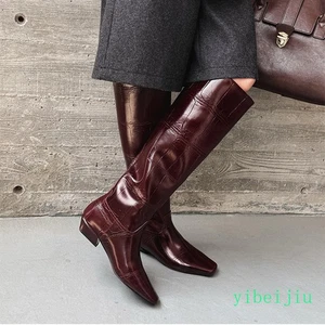 2025 Fashion Women's Knee High Square Toe Boots Alligator Pattern Shoes Low Heel - Picture 1 of 23