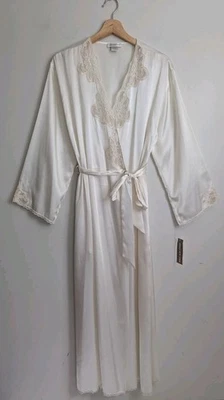 Vtg 90s Jones NY Satin Kimono Robe Dressing Gown Sz L XL Ivory Lace Bridal NEW - Image 1 of 4