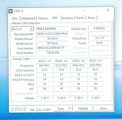 HMA41GU7AFR8N-TF SK hynix 8GB  DDR4 2133MHz UDIMM 2Rx8 PC4-2133P-EE0-11 Memory - Image 1 of 4