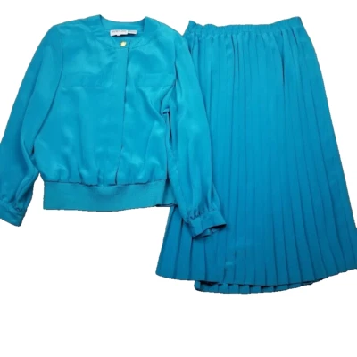 Andrea Gayle Falda Traje Conjunto 2 Piezas 12 Azul Verde Plisado Vintage Años 90 Blusa Top Foto 1 de 4