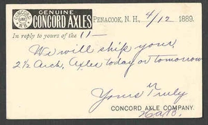 FECHADO 1889 PC PENACOOK NH CONCORD AXLE CO PARA INFORMACIÓN DE ENVÍO - Imagen 1 de 1