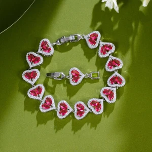 Women Silver Plated Cubic Zircon Heart Tennis Chain Bracelet Bridal Jewelry Gift - Picture 1 of 19