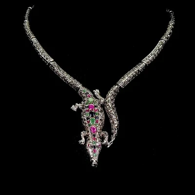 925 Sterling Silver Necklace Oval Ruby Emerald Sapphire Marcasite Gemstone 18in - Image 1 of 4