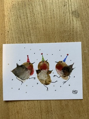 Mini Art , Gift Christmas Robins, Original Art, Mixed Media 3.5 inch by 2.5 inch - Image 1 of 2