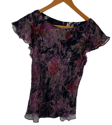 Papell Petite Silk Whimigoth Dark Fairy Floral Flutter Sleeves Top Purple Sz 12P - Image 1 of 4