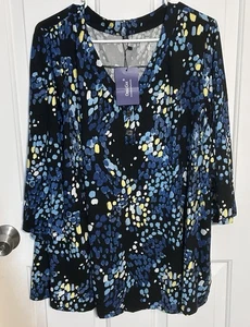 OmicGot Damen Gr. 3X Bluse Stretch V-Ausschnitt schwarz-blau 3/4 Arm NEU - Bild 1 von 16