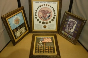FRAMED LOT OF COINS STAMPS SILVER CERTIFICATE  HALF DOLLAR DIMES QUARTER  PENNY - Picture 1 of 24